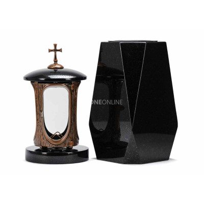 LALUMCROSSCOPPER lantern and heavy WDIAMOND15 vase – durable granite set for cemetery.