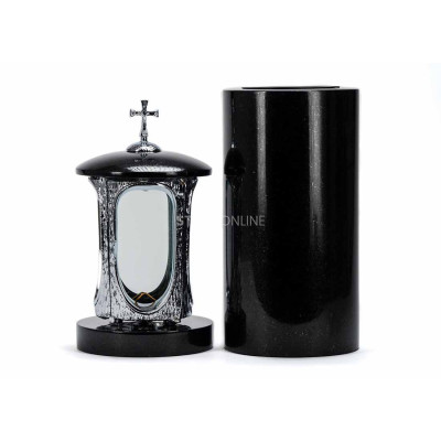 Modern LALUMCROSSINOX lantern and slender WTUBA15 vase – an elegant cemetery set.