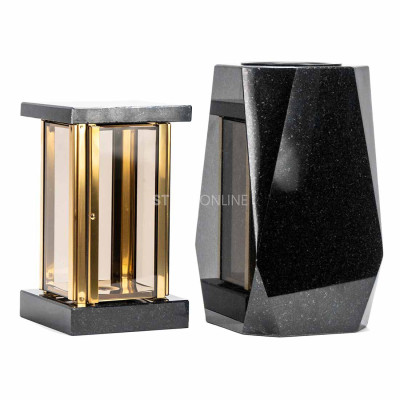 MIRROW SQUARE GOLD 22 lantern and WDIAMOND15 heavy vase – a solid cemetery set.
