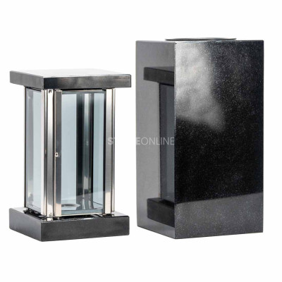 Modern MIRROW SQUARE SILVER 23 lantern and WCUBE15 vase – a durable granite cemetery set.