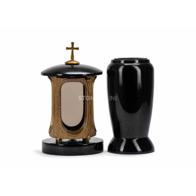 LALUMCROSSGOLD gold lantern and WELEGANT12 vase – an elegant granite set.