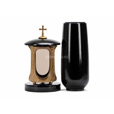LALUMCROSSGOLD gold lantern and WBASIC12 vase – a durable granite set.