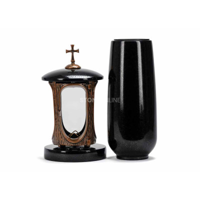 Copper lantern LALUMCROSSCOPPER and vase WBASIC12 – robust granite cemetery set.