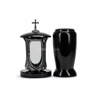 Silver LALUMCROSSSILVER lantern and WELEGANT12 vase – modern granite set for the cemetery.