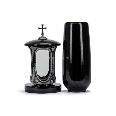 Silver LALUMCROSSSILVER lantern and WBASIC12 vase – durable granite set for the cemetery.