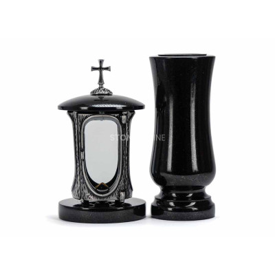 Silver LALUMCROSSSILVER lantern and WSTANDARD12 vase – classic granite set for the cemetery.
