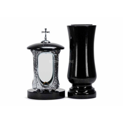 LALUMCROSSINOX lantern and WSTANDARD12 vase – modern granite set for cemetery.