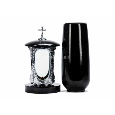 Modern LALUMCROSSINOX lantern and WBASIC12 vase – a solid granite cemetery set.
