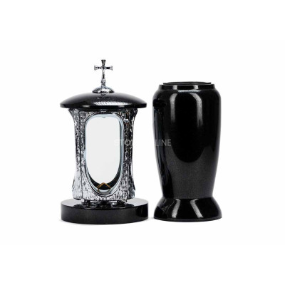 Modern LALUMCROSSINOX lantern and WELEGANT12 vase – an elegant granite cemetery set.