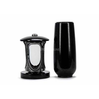 Silver LALUMROSETTESILVER lantern and WBASIC12 vase – durable granite set for the cemetery.