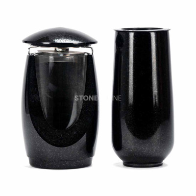 LWONDERFUL12MID lantern and WBASIC10 vase – durable granite set for cemetery.