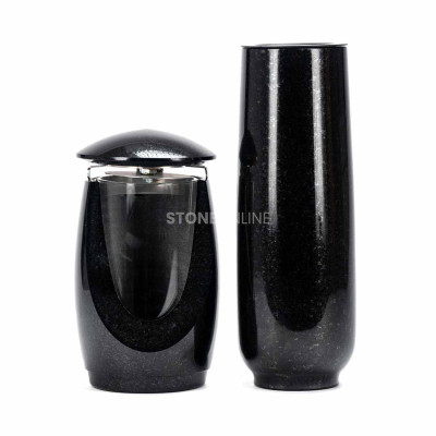 LWONDERFUL12MID lantern and WBASIC11 vase – durable granite set for cemetery.