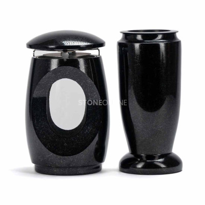 LTIMELESS12MID lantern and WELEGANT10 vase – elegant granite set for cemetery.