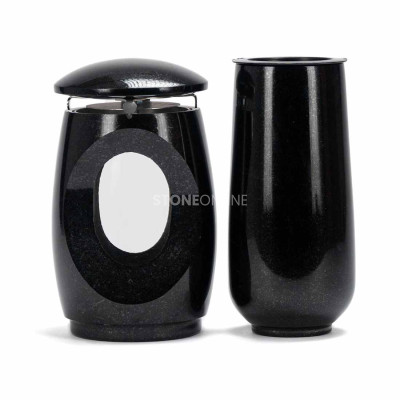 LTIMELESS12MID lantern and WBASIC10 vase – durable granite set for cemetery.