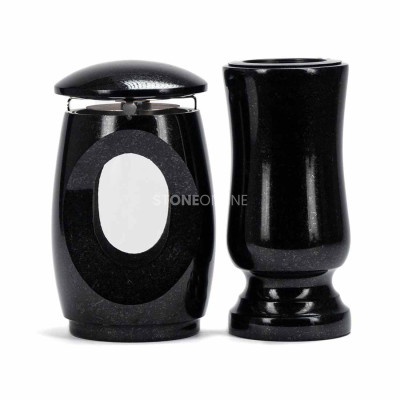 LTIMELESS12MID lantern and WSTANDARD10 vase – classic granite set for cemetery.