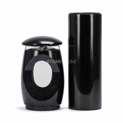 LTIMELESS12MID lantern and slim WTUBA11 vase – elegant granite set for cemetery.