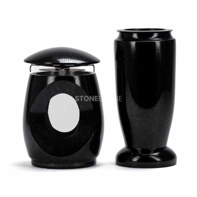 LTIMELESS12MIN lantern and WELEGANT10 vase – elegant granite set for cemetery.