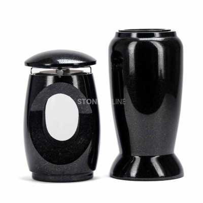 LTIMELESS12MID lantern and WELEGANT12 vase – elegant granite set for cemetery.