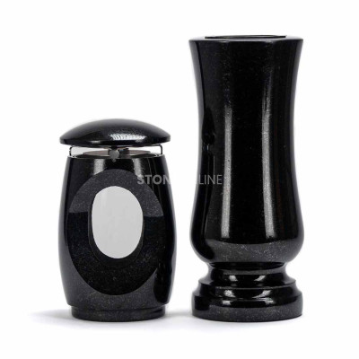 LTIMELESS12MID lantern and WSTANDARD12 vase – classic granite grave set.