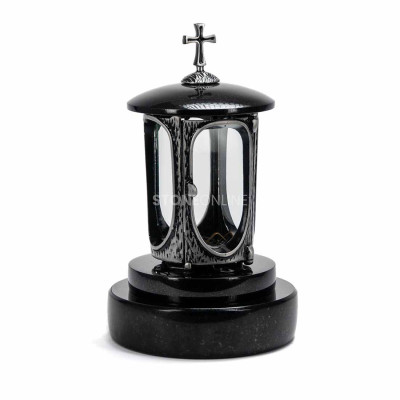 Silver LALUMCROSSSILVER lantern with cross on round PROUND granite base.