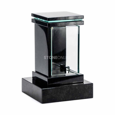 Square lantern for a candle and LED with a polished natural granite base.