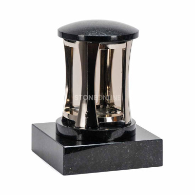 Silver MIRROW ROUND SILVER lantern on PSQUARE square base – contrast of curved and straight forms.