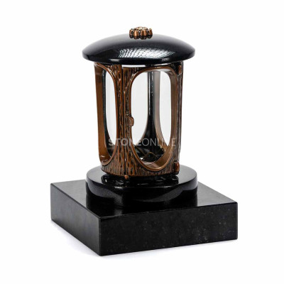 Copper lantern LALUMROSETTECOPPER with rosette on PSQUARE square natural granite base.