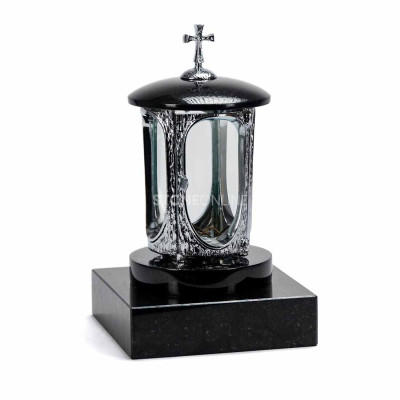 LALUMCROSSINOX lantern with chromed cross on square PSQUARE base of natural granite.