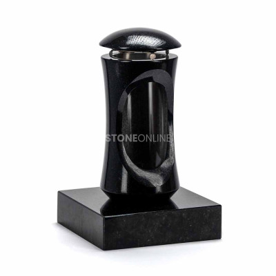 Slender LFINEST12 lantern on PSQUARE square base – turned granite paired with simple plinth geometry.