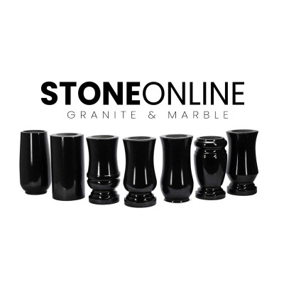 StoneOnline logo and seven black grave vases