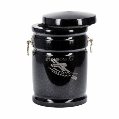 Granite urn with metal handles – convenient to carry and place.