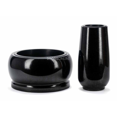 Tall vase with a large granite bowl for a larger headstone and floral arrangements.