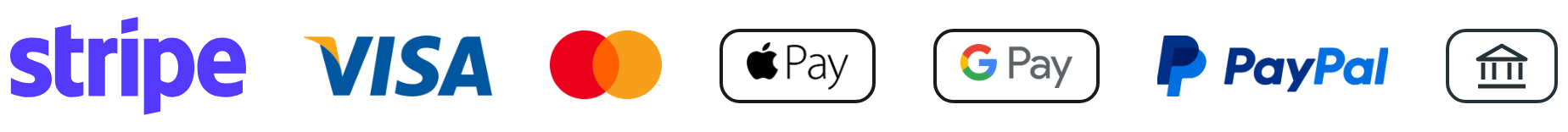 Stripe, Visa, Mastercard, Apple Pay, Google Pay, PayPal, bank transfer
